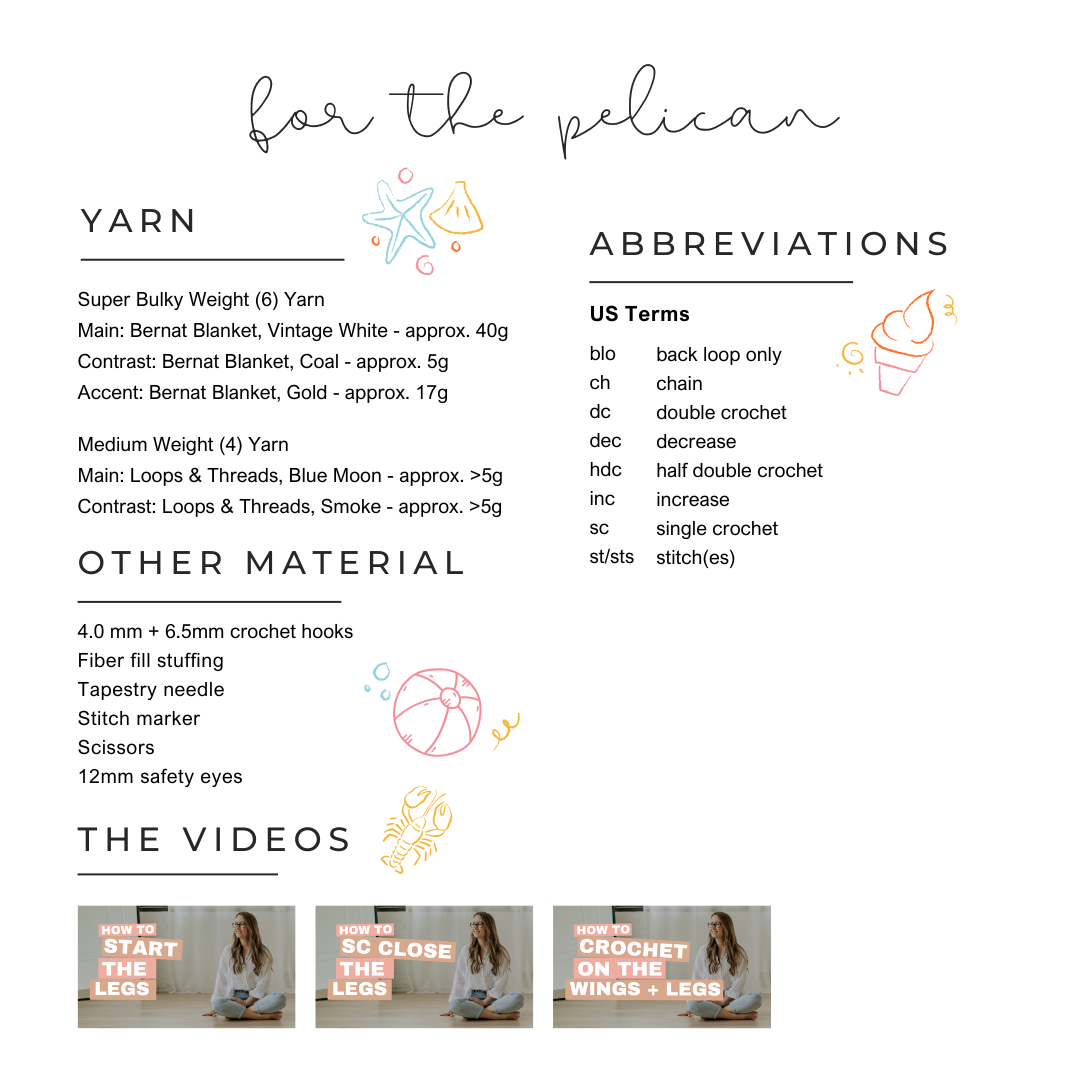 Pelican Beachy Stuffie COLOUR GUIDE + Bill Pattern (Crochet Pattern)