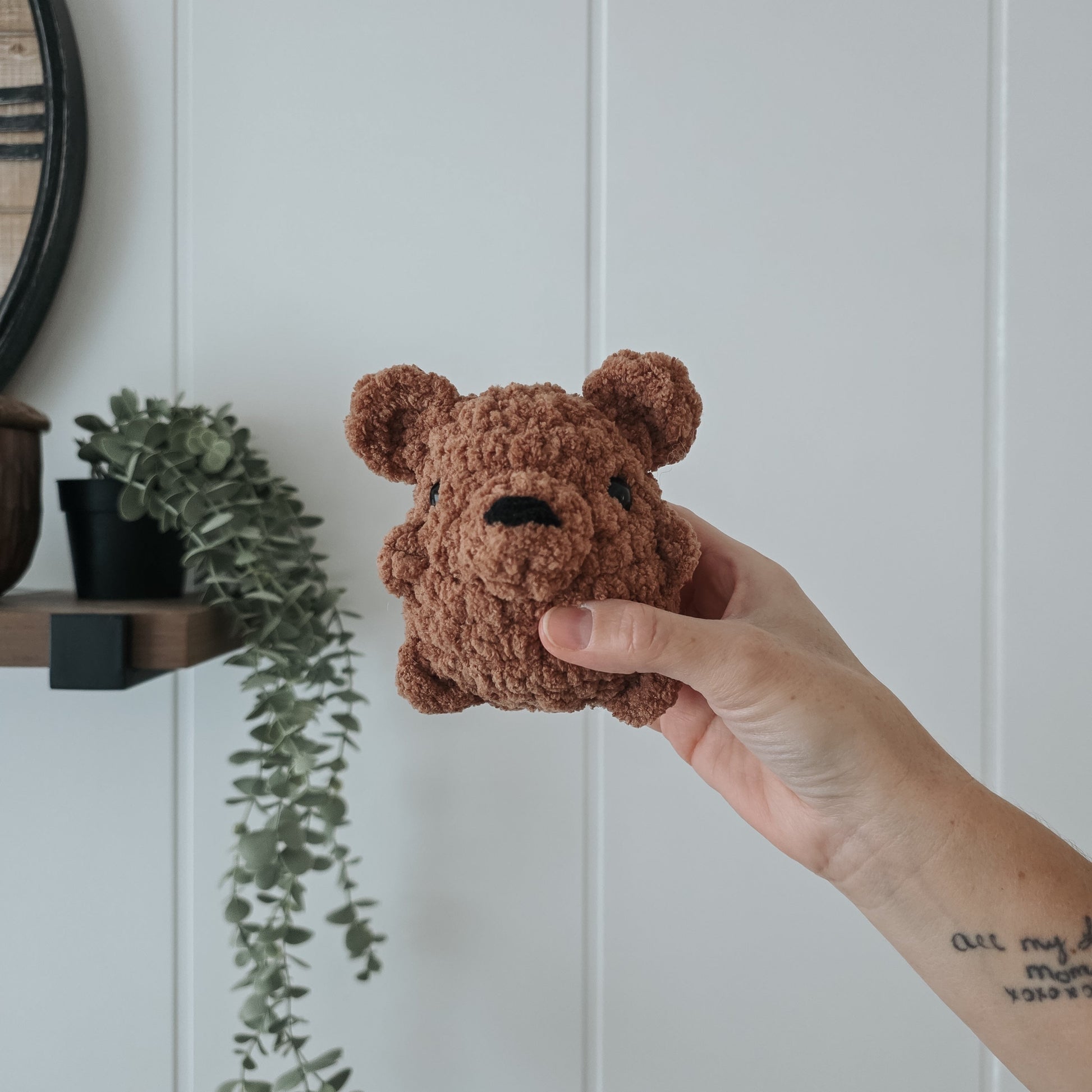 Hand holding a small brown teddy bear against a white wall with a plant in the background