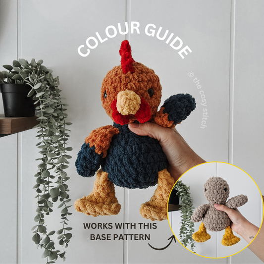 Rooster Stuffie COLOUR GUIDE + Beak, Wattle, Comb, Tail Pattern (Crochet Pattern)