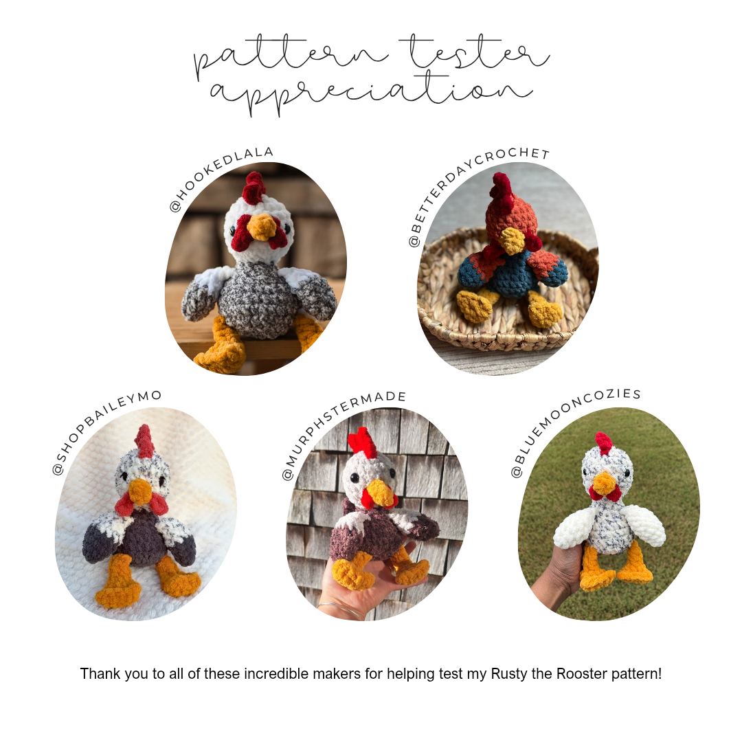 Rooster Stuffie COLOUR GUIDE + Beak, Wattle, Comb, Tail Pattern (Crochet Pattern)